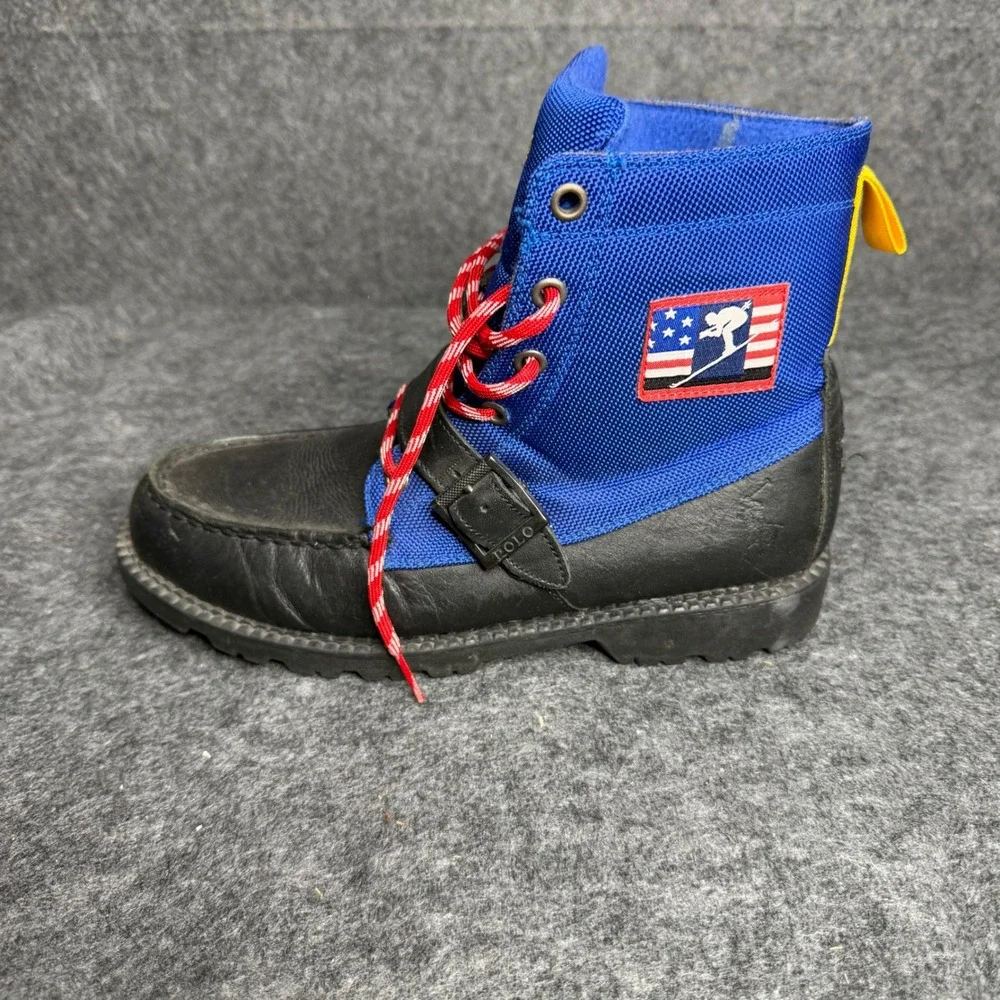 Polo Ralph Lauren Ranger Hi II Boys Boots Black Blue‎ Leather USA Ski Patch 5.5Y